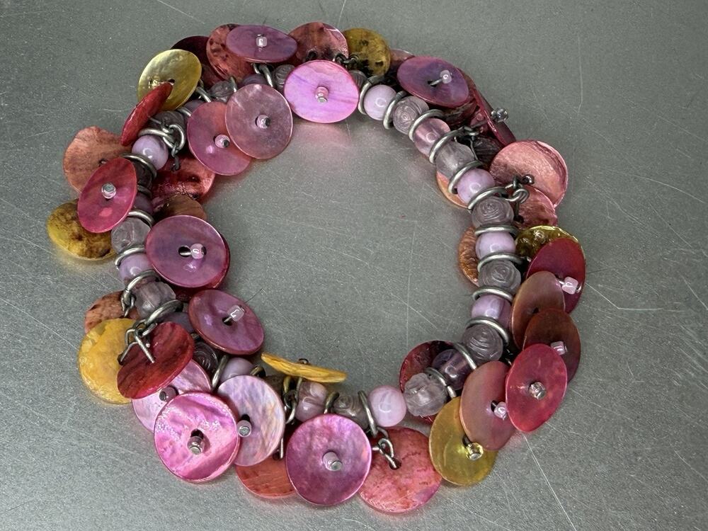 Vintage Mother of Pearl Disc Shell Bracelet Multi Strand Bohemian Pink Stretch